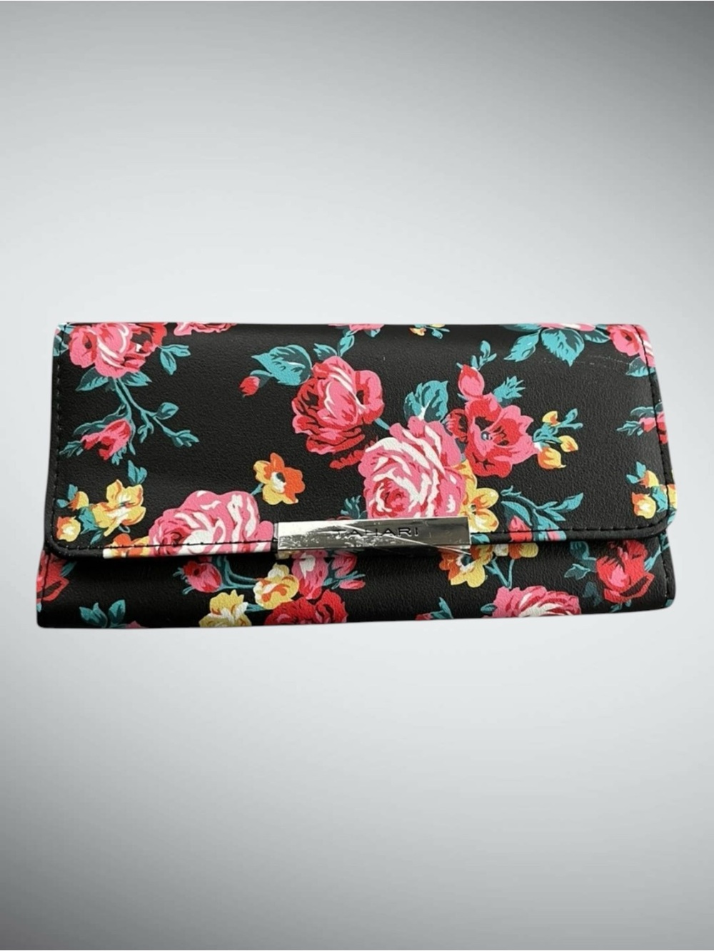 Tahari Floral Trifold Long Wallet RFID Vegan Leather Black NWT